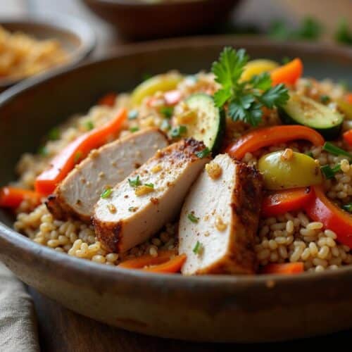 Rețetă hipocalorică salată caldă de orez brun și cotlet de porc
