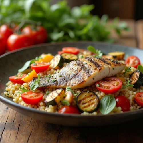Rețetă hipocalorică salată de quinoa cu biban de mare și legume la grătar