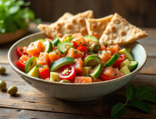Rețetă hipocalorică salată mediteraneană cu somon, avocado și lipie crocantă